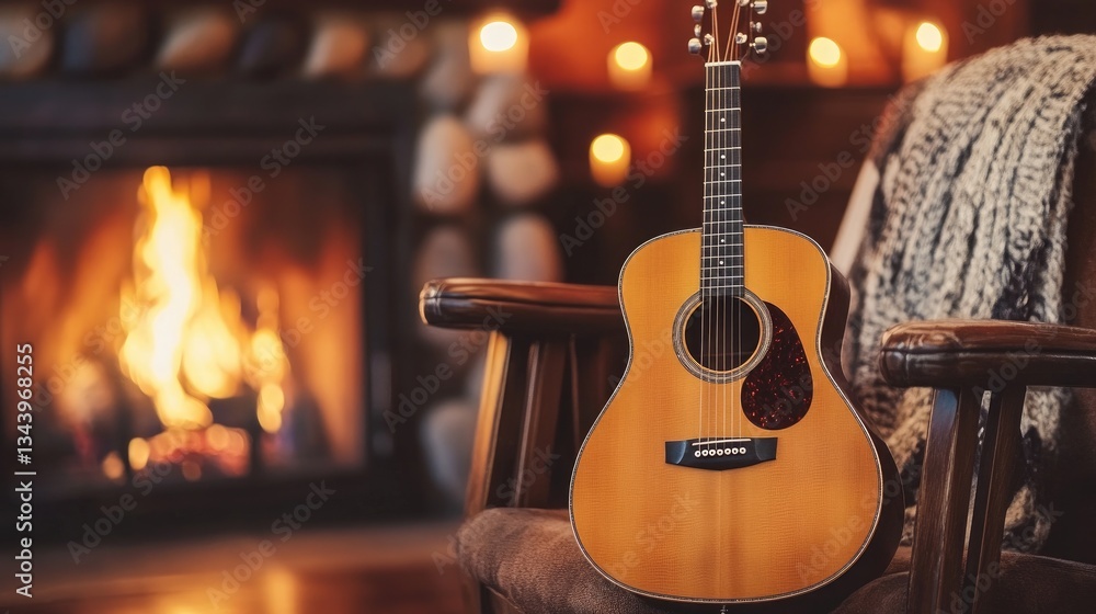 Fototapeta premium Acoustic Guitar by Cozy Fireplace in Warm and Inviting Home Setting
