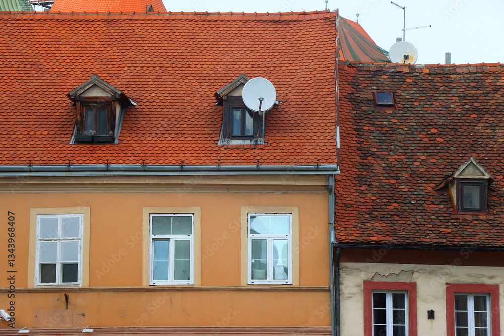 Colorful historic buildings in central Zagreb, Croatia.