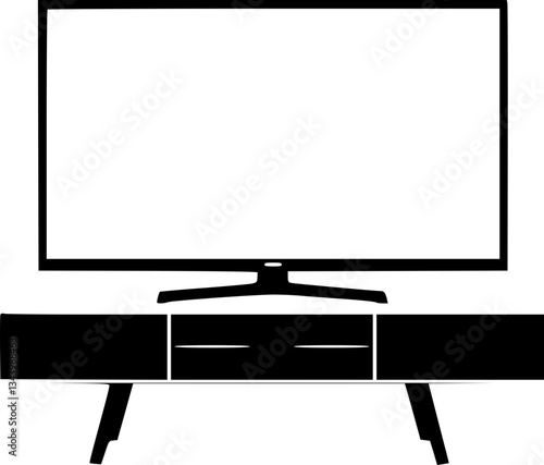 A minimalistic monochrome illustration of a modern flat-screen TV on a sleek stand in black and white.