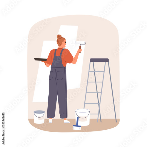 Painter decorating wall with paint and roller. Female worker applying new color, painting during home renovation, room interior repair works. Flat vector illustration isolated on white background