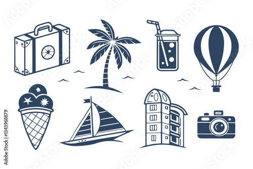 Summer Travel Icon Set Doodle-Style Vacation Vector with Camera, Travel Bag, and Palm Tree Vacation Illustrations.