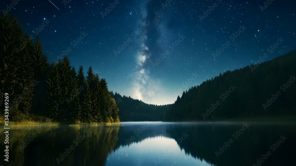 Fototapeta premium A serene lake surrounded by dense forests under a starry night sky with the Milky Way visible. Concept Serene Lake, Dense Forests, Starry Night Sky, Visible Milky Way, Tranquil Nature景观