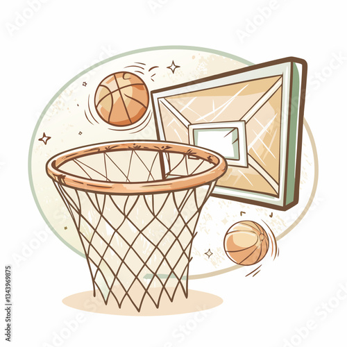A basketball hoop and basketballs in motion, vibrant illustration style, lively colors, representing sports enthusiasm, teamwork, and the excitement of playing basketball.