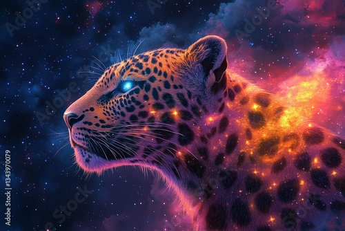 A celestial leopard gazes upon a starry and glowing night sky