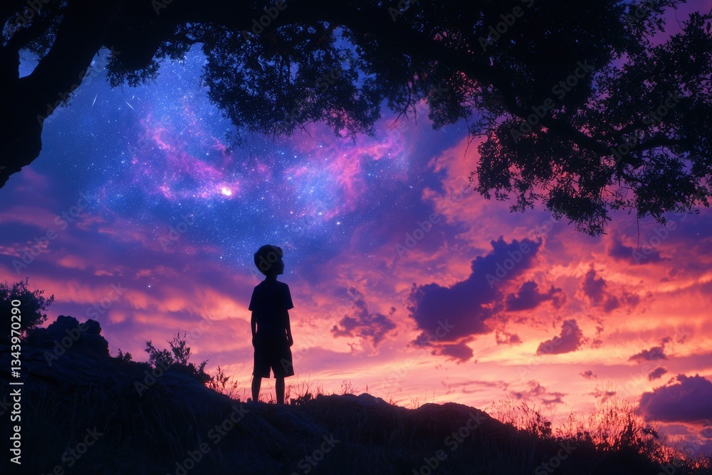 Fototapeta premium Boy looking up at a galaxy in the sky under a tree at sunset on a hill