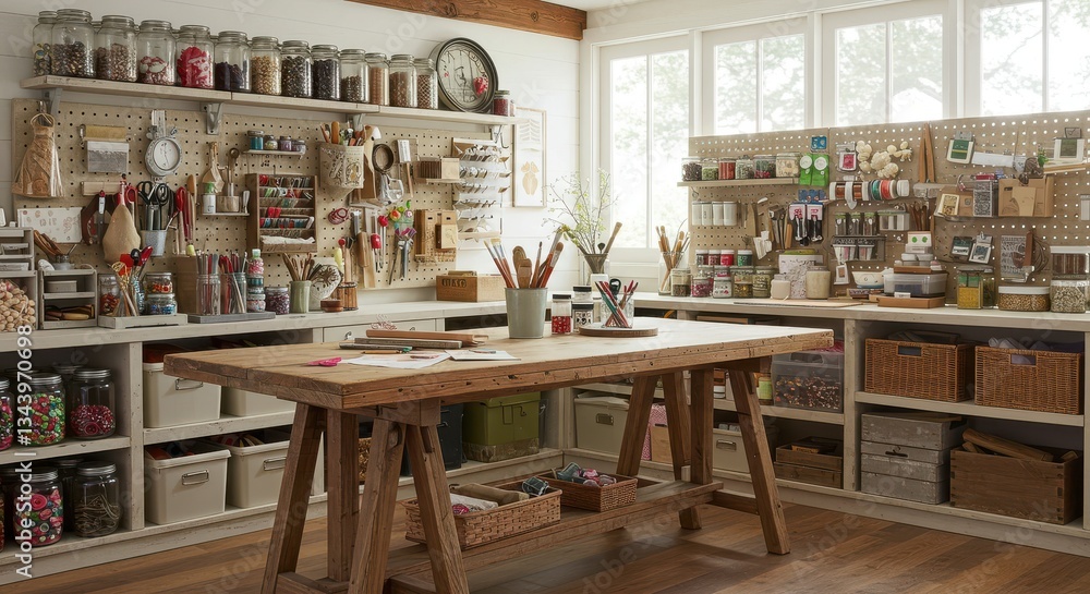 Craft Room with Large Wooden Table and Organized Storage Shelves Craft Room with Large Wooden Table and Organized Storage Shelves