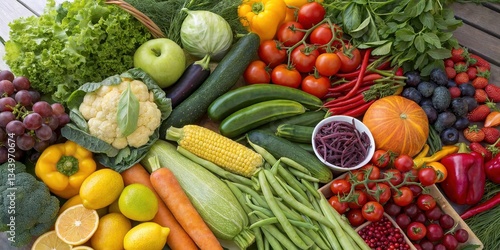 Wallpaper Mural A vibrant assortment of fresh organic fruits and raw vegetables, featuring leafy greens like cabbage, creates a healthy, balanced food background perfect for eating. Torontodigital.ca