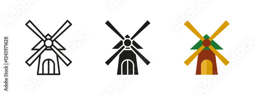 Windmill icon. Traditional farm mill vector illustration. Agricultural and countryside symbol representing grain milling and rural heritage. Classic barnyard and village landmark concept.