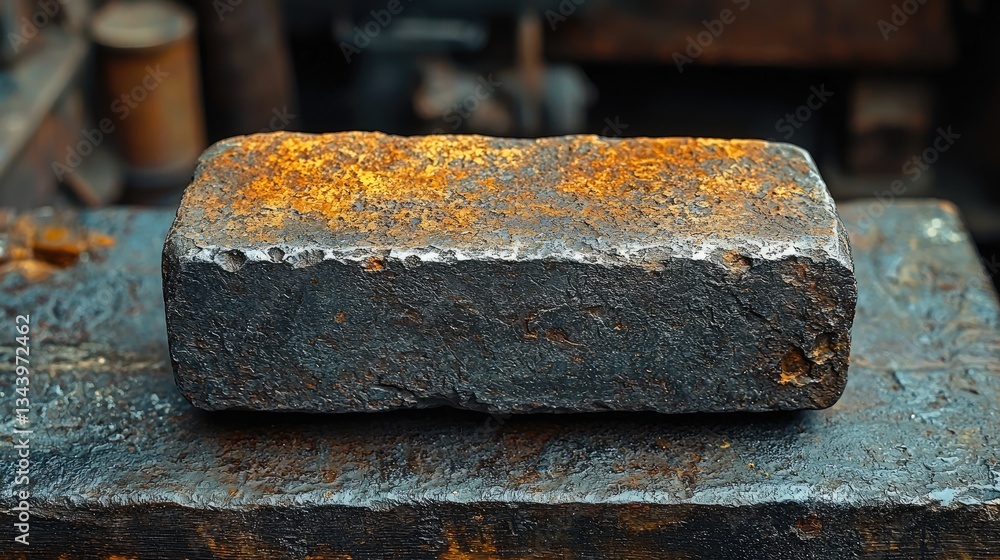 Close-up of a rusty metal ingot resting on a workbench in a workshop setting Close-up of a rusty metal ingot resting on a workbench in a workshop setting