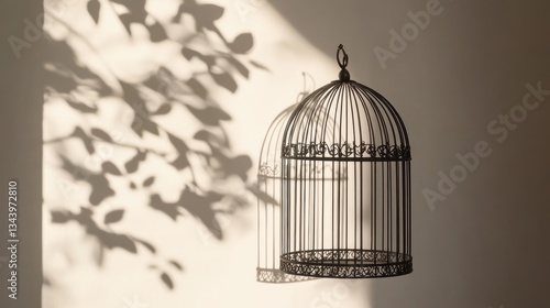 Elegant Birdcage Casting Shadow on Wall with Natural Light