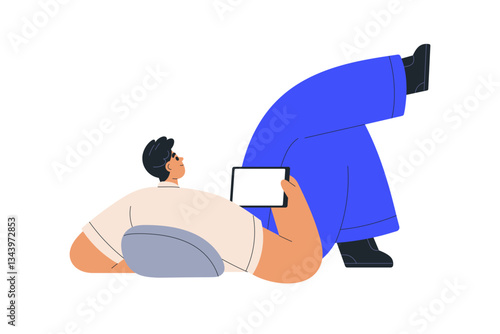 Man relaxing with digital tablet computer. Young person lying back and watching blank screen, holding gadget, pad in hands at leisure time. Flat vector illustration isolated on white background