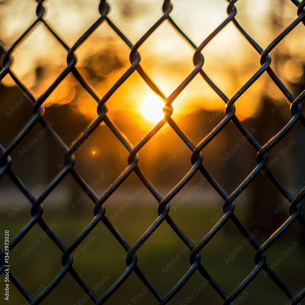 Fototapeta premium Sunset View Through Chain Link Fence at Dusk Golden Hour