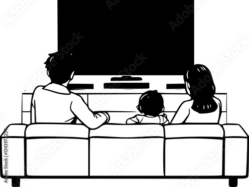 Family watching TV together black and white monochrome illustration of people enjoying quality time together in a living room