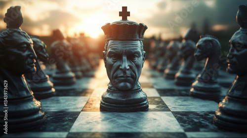 Enormous CEO faces dominate a chessboard in a strategic game of power at sunset