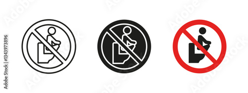 No squat toilet icon. Restroom improper usage restriction vector illustration. Safety sign for proper toilet usage. Hygiene and regulation pictogram for public facilities and policy enforcement.
