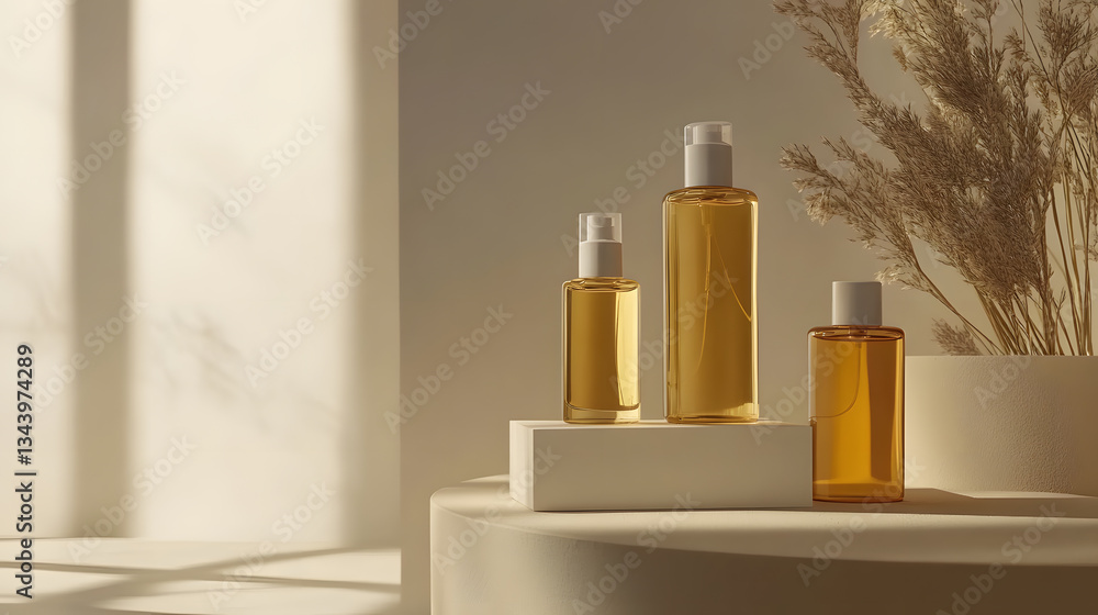 Minimalist skincare bottles are placed symmetrically on pedestal, bathed in warm sunlight. serene setting features soft shadows and dried plants, creating calming atmosphere Minimalist skincare bottles are placed symmetrically on pedestal, bathed in warm sunlight. serene setting features soft shadows and dried plants, creating calming atmosphere