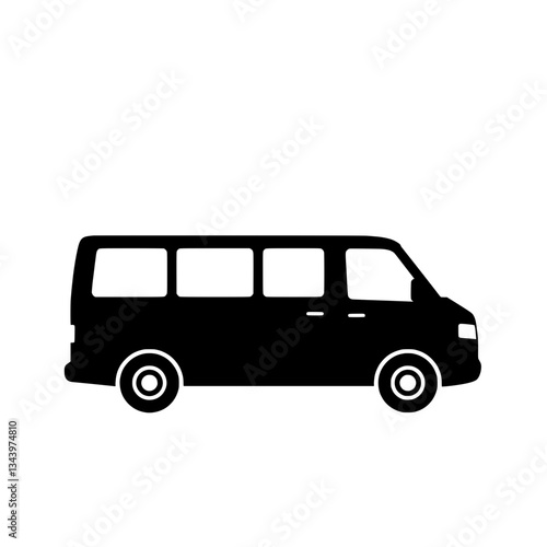 Urban Mobility Icon: A minimalist black silhouette of a passenger van, isolated on a clean backdrop. Its sleek design suggests efficiency, reliability, and modern transportation solutions.