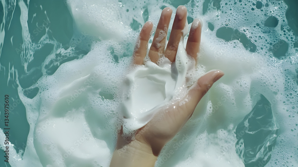 hand gently holds dollop of moisturizing cream amidst soft, foamy water, creating soothing and delicate scene hand gently holds dollop of moisturizing cream amidst soft, foamy water, creating soothing and delicate scene