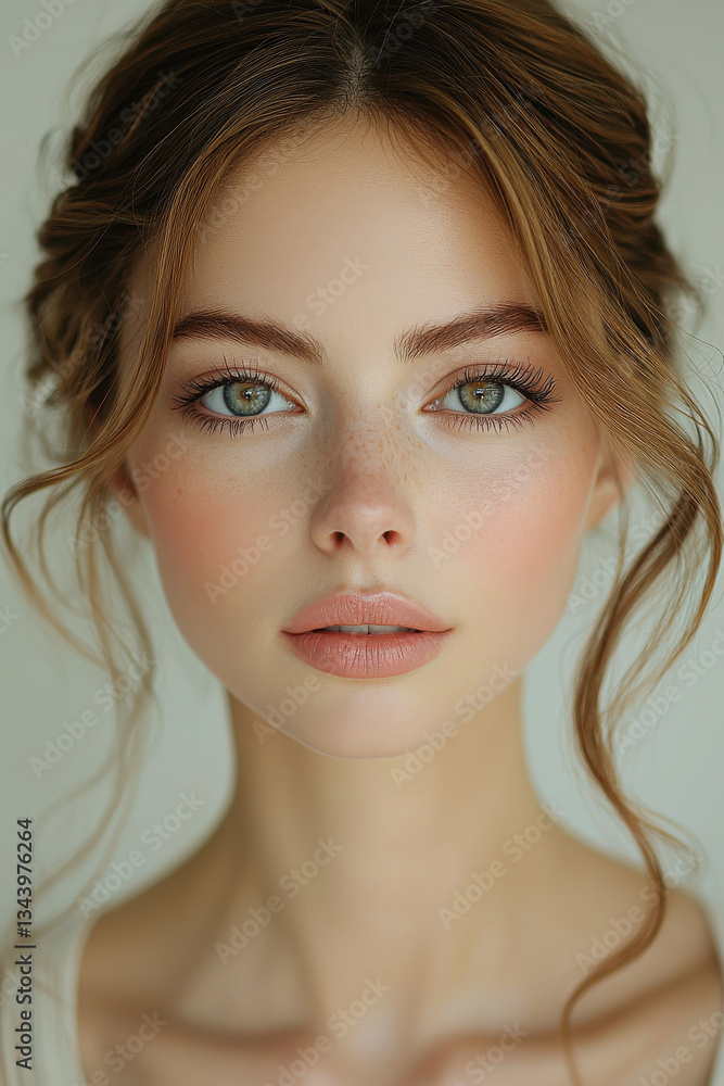 Naklejka premium stunning studio portrait of woman with natural makeup, soft features, and wavy hair, exuding elegance and grace. Her captivating eyes and gentle expression create serene atmosphere