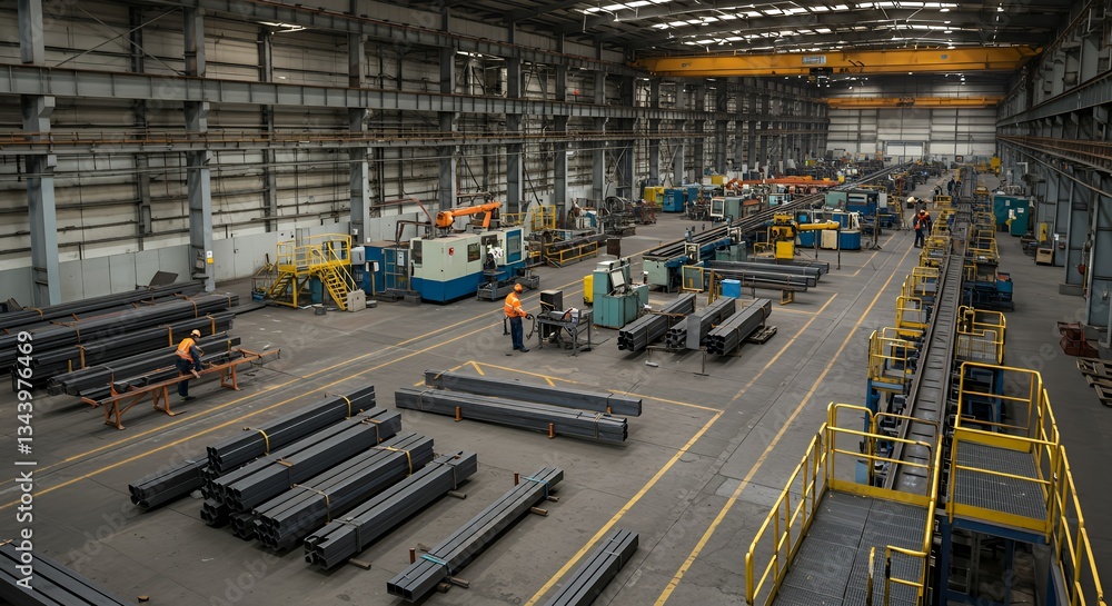 Fototapeta premium Industrial Steel Fabrication Facility with Workers and Machinery