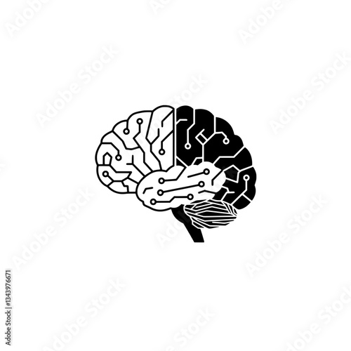 Digital Brain: A minimalist monochrome illustration presents a human brain, its hemispheres divided, one side depicting neural pathways, the other transformed into intricate circuit patterns.