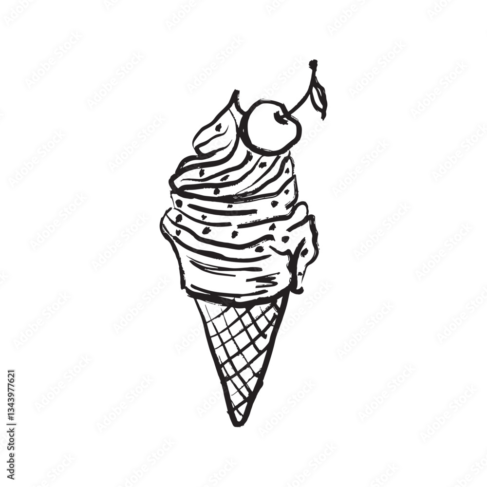 Vanilla ice cream scoops in waffle cone with cherry in black brush stroke texture isolated on white. Hand drawn vector sketch illustration in vintage charcoal ink. Popsicle, summer, menu design Vanilla ice cream scoops in waffle cone with cherry in black brush stroke texture isolated on white. Hand drawn vector sketch illustration in vintage charcoal ink. Popsicle, summer, menu design