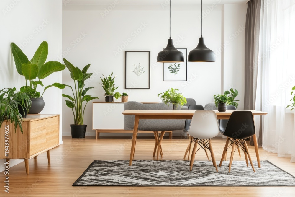 Fototapeta premium Modern dining room interior with plants and pendant lighting