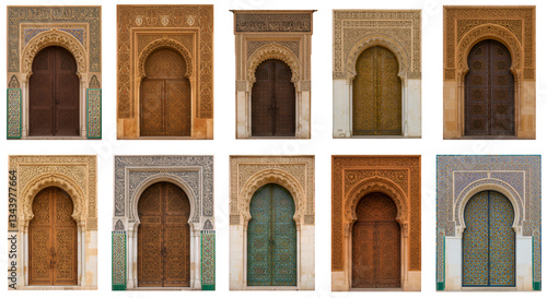 Twelve Intricately Carved Wooden Doors with Moorish Architectural Details