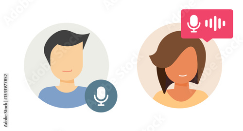 Voice message audio recording man woman flat cartoon style icon vector graphic set, microphone chat customer support assistant face talk interview, call assistant sign symbol minimal design