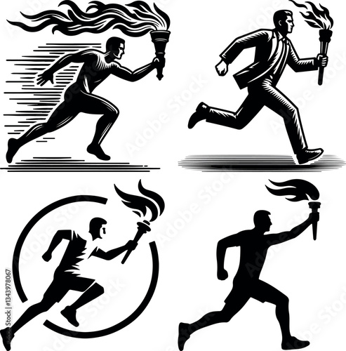 A set of Running man with a torch, representing competition and achievement