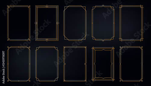 Simple golden frames. Thin luxury gold borders for wedding invitation card, modern geometric art deco frame elements. Vector elegant set