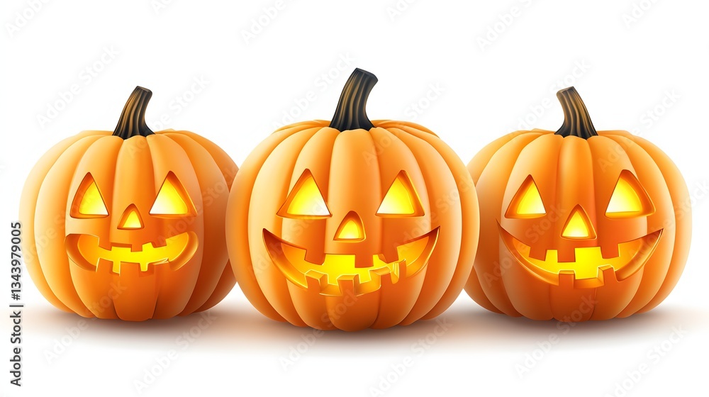 Three Glowing Carved Halloween Pumpkins with Smiling Faces Against a White Background Three Glowing Carved Halloween Pumpkins with Smiling Faces Against a White Background