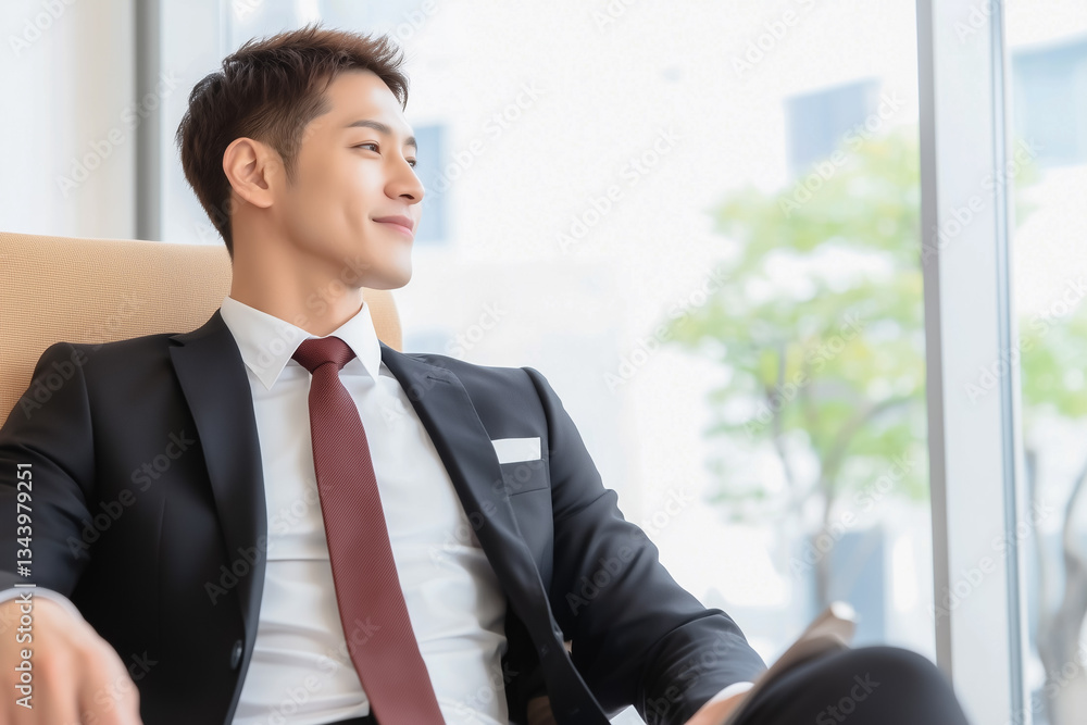 窓の外を見るスーツを着た若いアジア人ビジネスマン