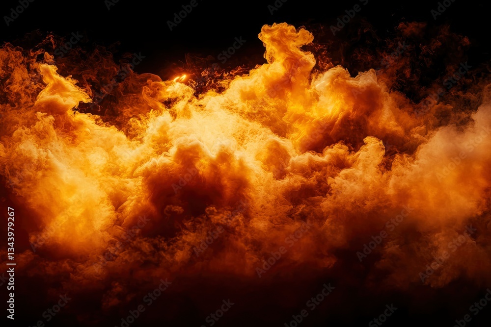 Erupting cloud of orange fire and smoke on a black background for danger concept Erupting cloud of orange fire and smoke on a black background for danger concept