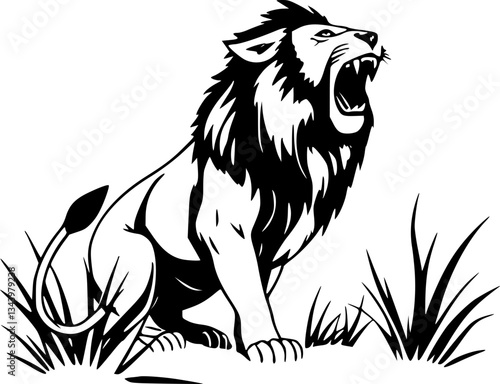 A monochrome black and white lion roaring in an enclosure wildlife animal art illustration design graphic vector roaring lion wildlife animal monochrome black and white art illustration design graphic