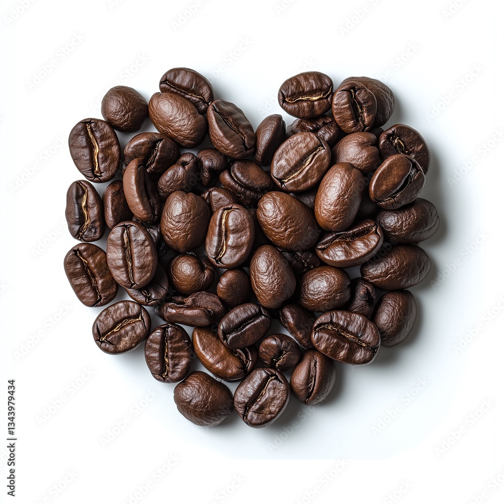 Fototapeta premium Heart-shaped roasted coffee beans stack on white background