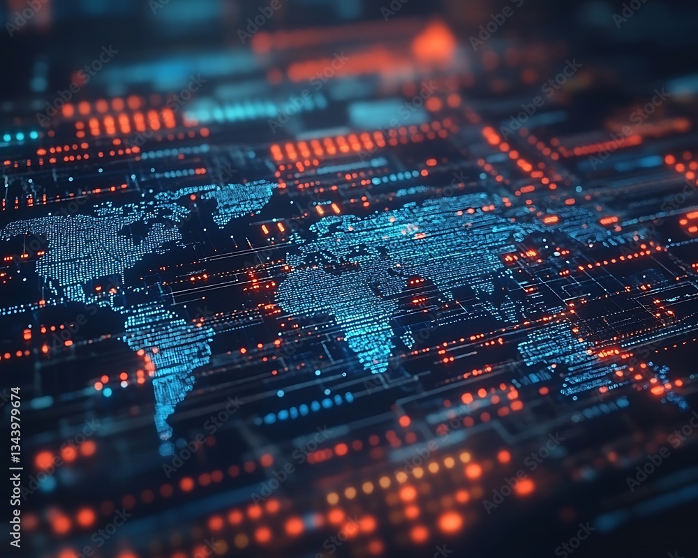 Obraz premium A digital world map displaying interconnected data and global networks