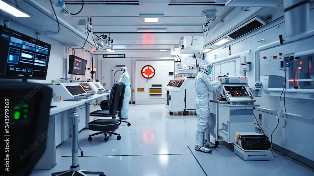 A sterile laboratory environment with a scientist in protective gear conducting research A sterile laboratory environment with a scientist in protective gear conducting research