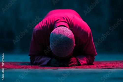 Devoted Muslim man praying in sujood position on prayer mat in atmospheric lighting
