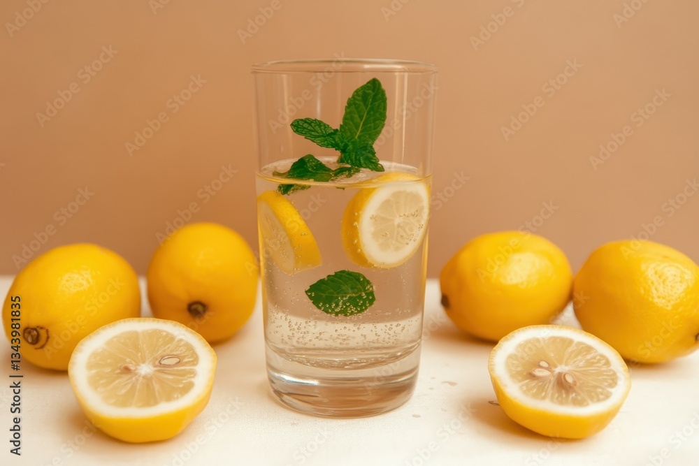 Lemonade Stand Vibes: A tall glass of lemonade with floating lemon slices and sprigs of mint Lemonade Stand Vibes: A tall glass of lemonade with floating lemon slices and sprigs of mint