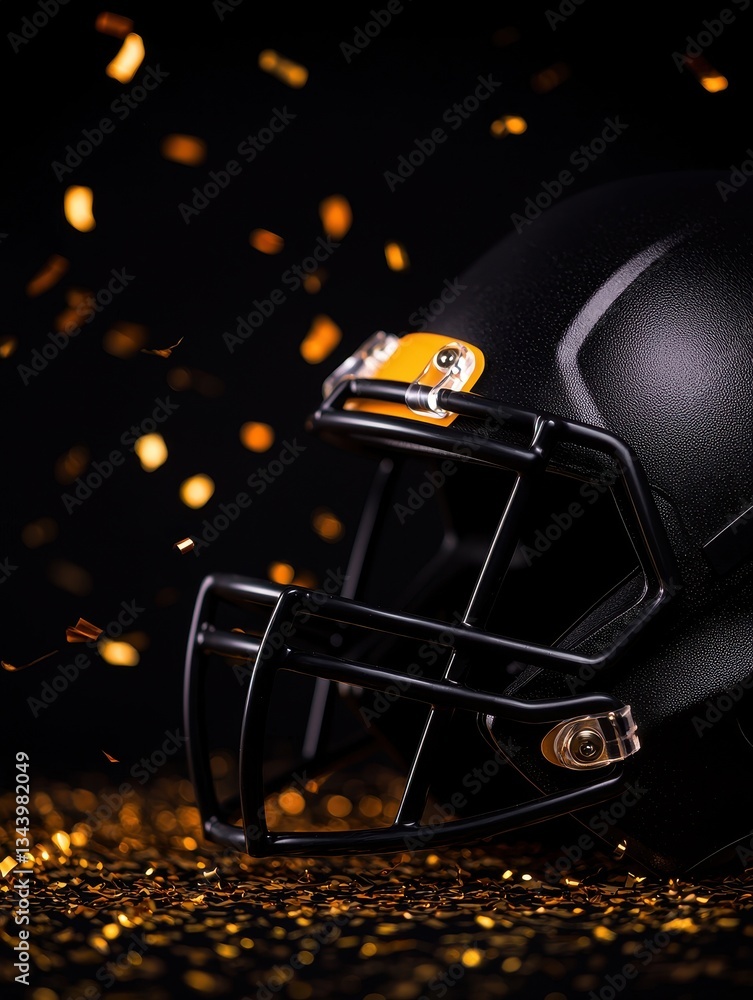 Naklejka premium A black football helmet with golden accents against a dark backdrop and confetti.