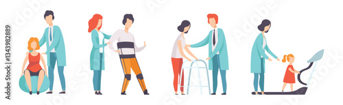 People Character in Orthopedic Therapy Rehabilitation with Therapists Vector Set