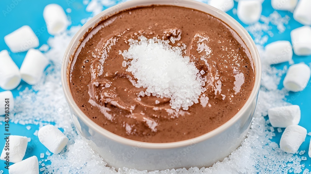 Decadent Chocolate Dessert Topped With Sugar and Marshmallows on Blue Background Decadent Chocolate Dessert Topped With Sugar and Marshmallows on Blue Background