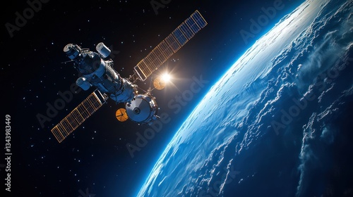 A satellite orbiting planet earth is shown in space