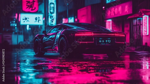 Futuristic sports car sits in neon lit rain on the road