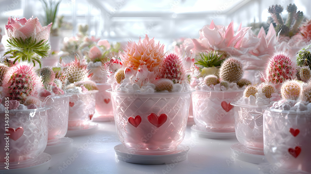 Charming Pink Succulent and Cactus Arrangement in Decorative Heart Pots with Soft Lighting Charming Pink Succulent and Cactus Arrangement in Decorative Heart Pots with Soft Lighting
