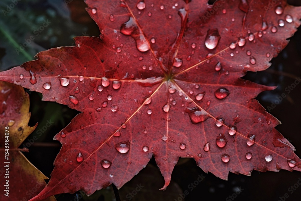 Fototapeta premium Raindrops on a red maple leaf in a close-up