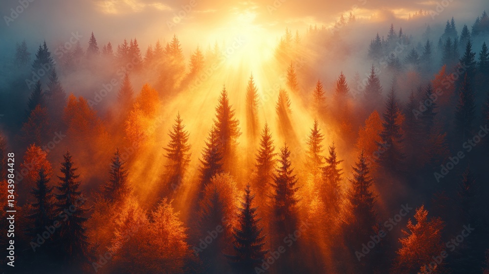 Aerial View of Autumn Forest at Sunrise with Sunlight Beams and Vibrant Colors Aerial View of Autumn Forest at Sunrise with Sunlight Beams and Vibrant Colors