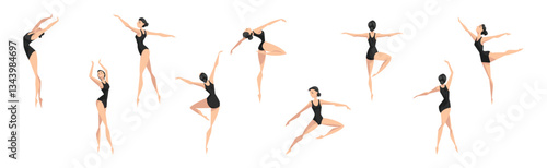 Female Ballet Dancer Performing in Black Leotard Vector Set