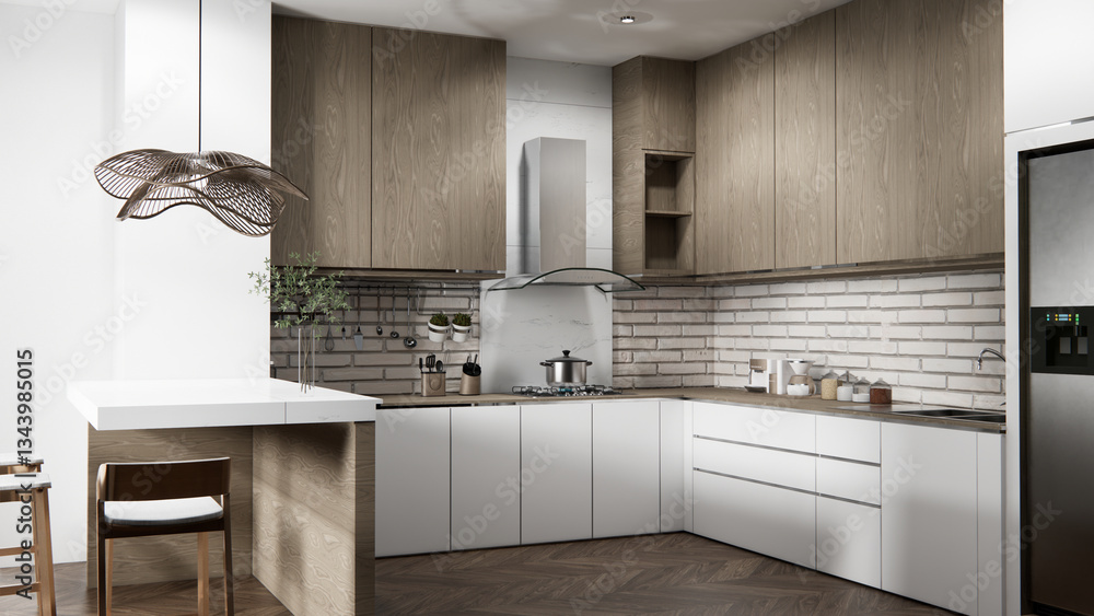 Fototapeta premium white brick wall modern loft style on kitchen counter scene mockup kitchen bar and set shaped kitchen design. 3d rendering